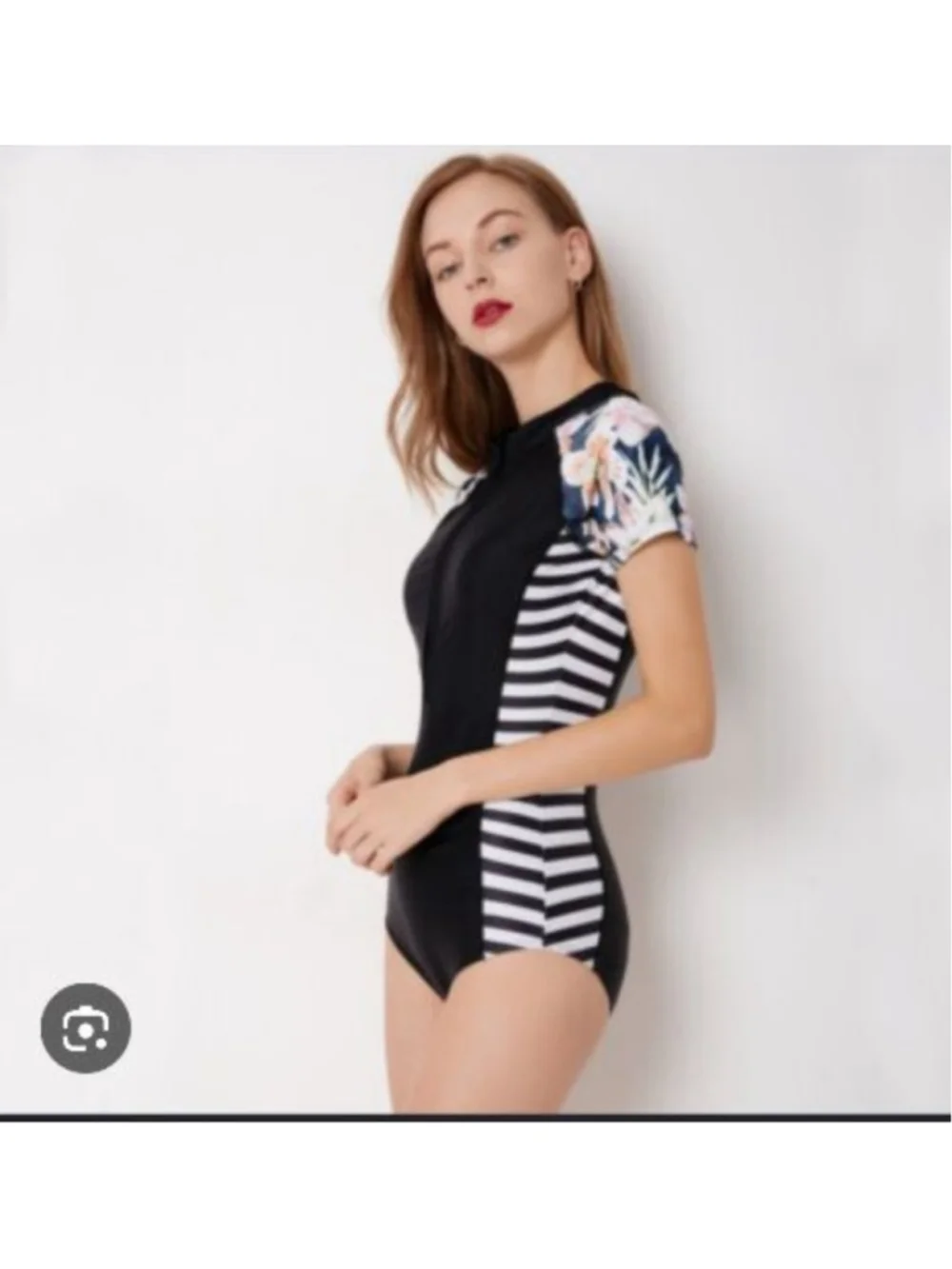 New Women's Black and White Striped Floral One Piece Swimsuit M Zipper Bodysuit